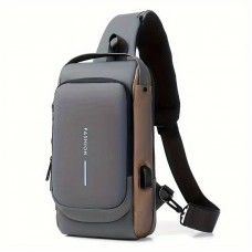 Ανδρική αδιάβροχη τσάντα στήθους, ώμου χιαστί με ασφάλεια και USB Γκρι